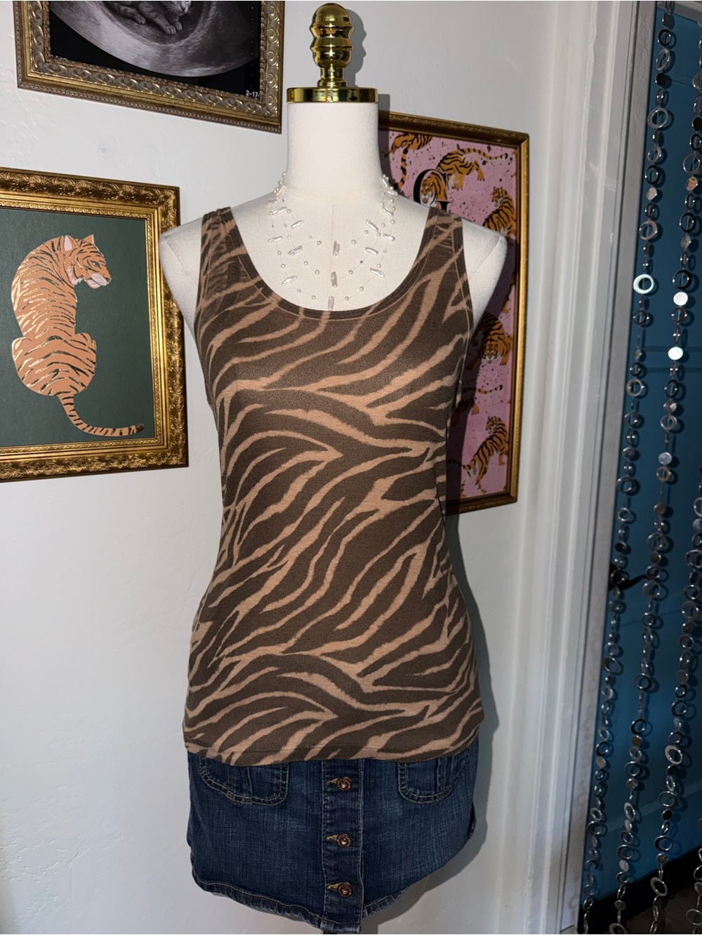 Vintage Y2K Sleeveless Brown Zebra-Print Tank Top